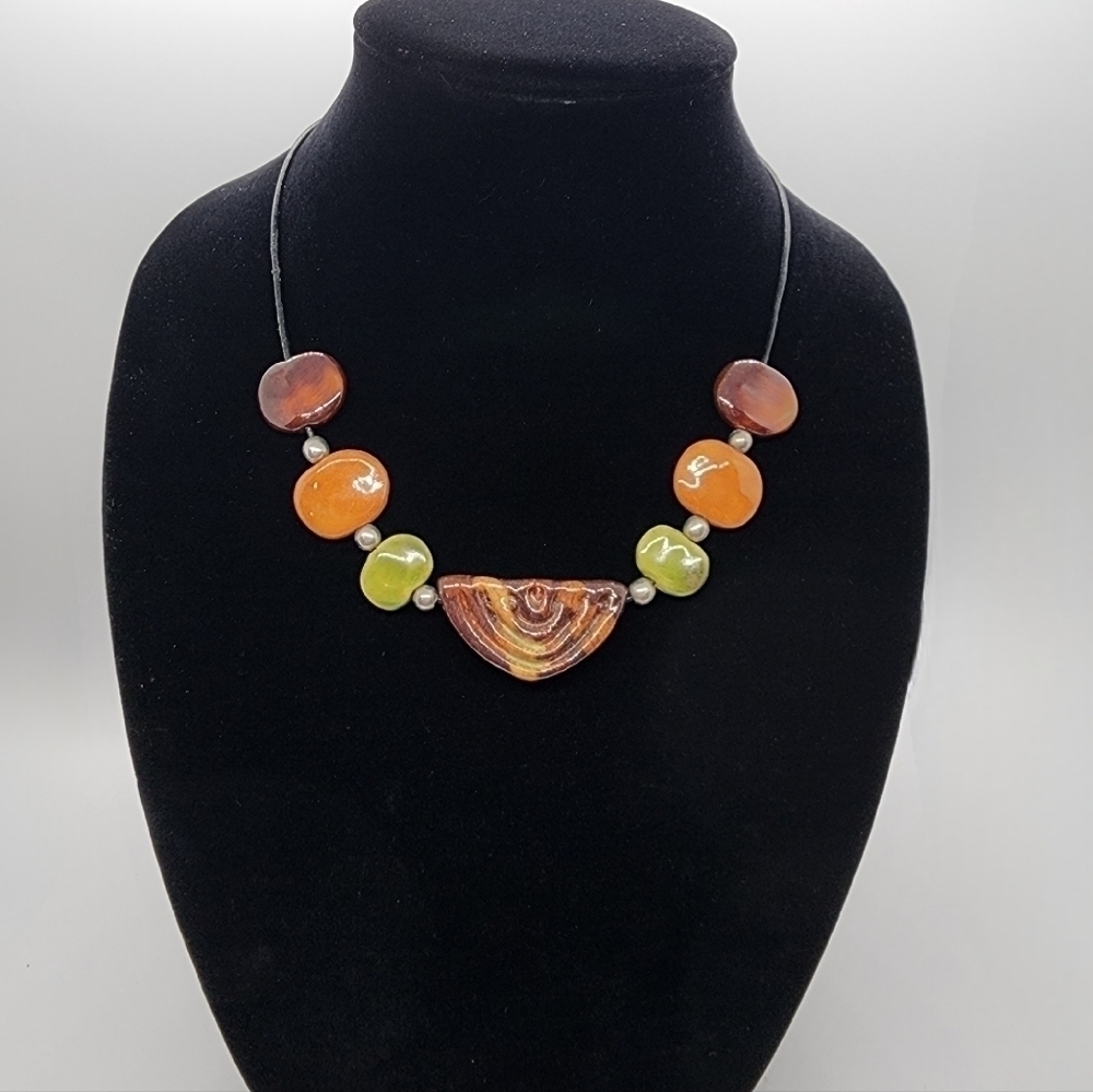 African Kazuri handmade ceramic beaded earth tone necklace Shepherd hook clasp